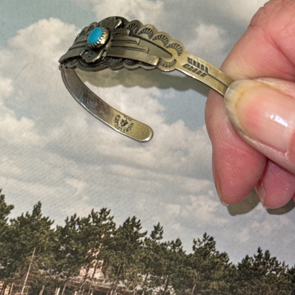 Vintage Bell Trading Post Nickel Silver Turquoise Thunderbird Bracelet Cuff - Picture 6 of 6